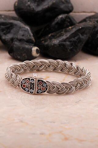 Midyat Hasır Örme Mineli Oksitli 925 Ayar Gümüş Bileklik 4549