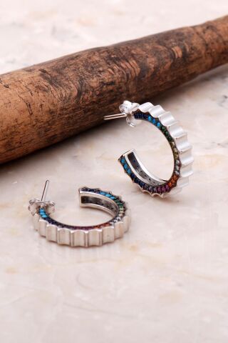 Mix Taşlı 19 Mm Gümüş Halka Küpe 5039