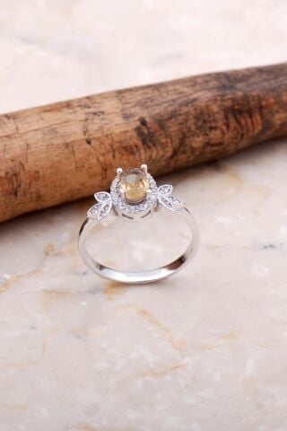 Renk Değiştiren Sultan Taşlı Yaprak Rodyumlu Gümüş Yüzük 3707