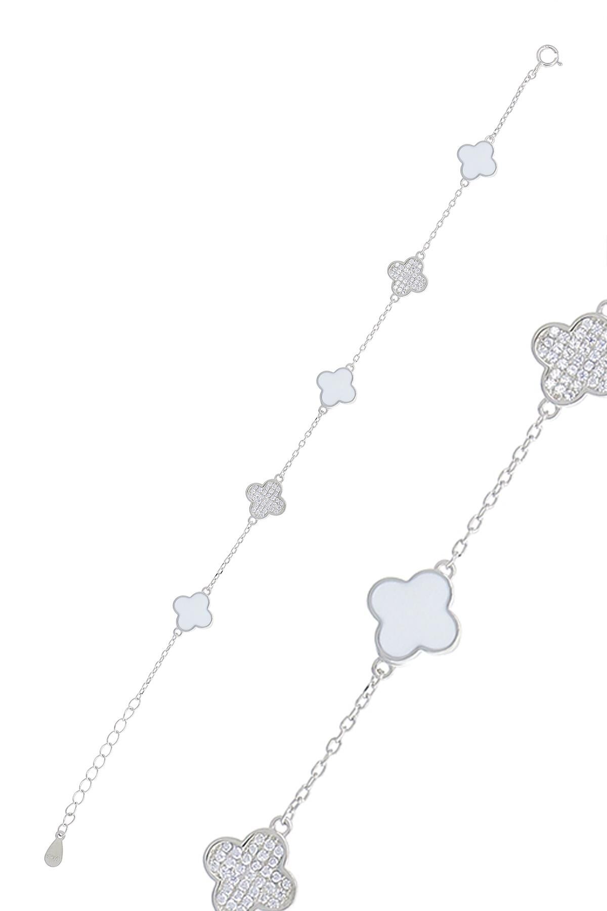 Yoncalı Beyaz Mineli Taşlı Rodyumlu Gümüş Bileklik 3773