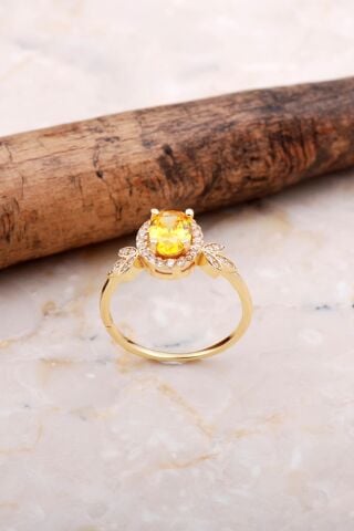 Topaz Taşlı Yaprak Altın Yaldızlı Gümüş Yüzük 3708
