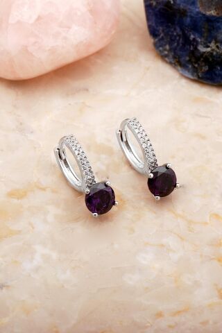 Ametist Taşlı Rodyumlu Gümüş Halka Küpe 7103