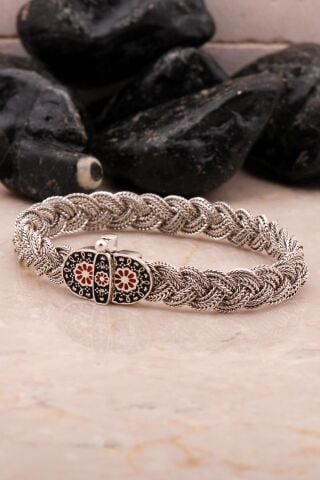 Midyat Hasır Örme Mineli Oksitli 925 Ayar Gümüş Bileklik 4551