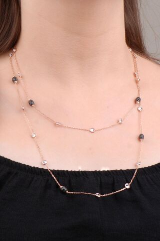 Rose Gümüş Sıra Taşlı Tasarım Kolye 6633