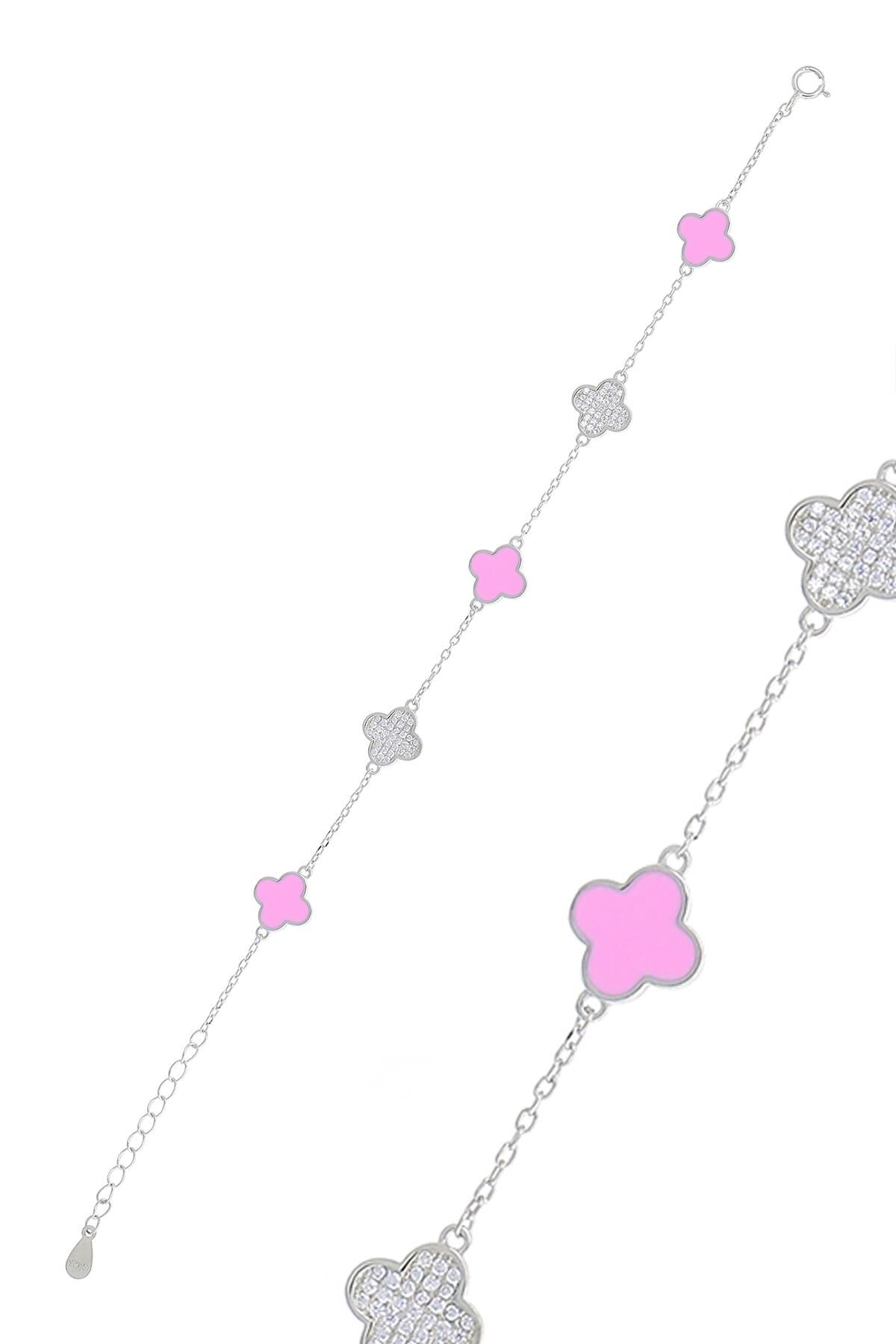 Yoncalı Pembe Mineli Taşlı Rodyumlu Gümüş Bileklik 3774