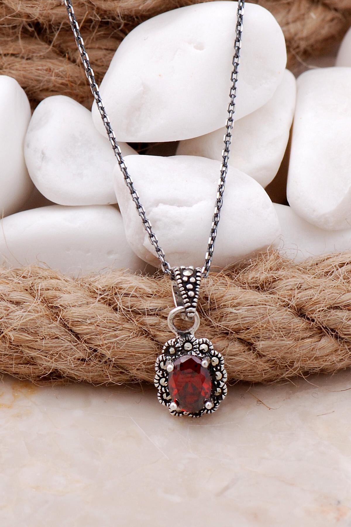 Granat ve Markazit Taşlı Mini Gümüş Kolye 7553