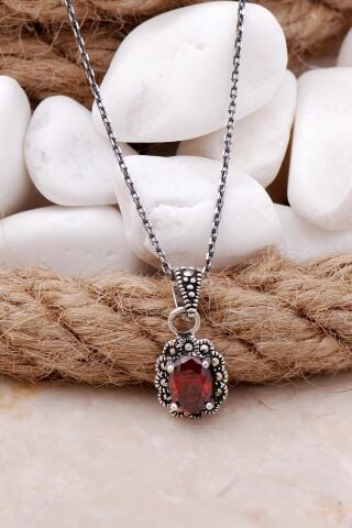 Granat ve Markazit Taşlı Mini Gümüş Kolye 7553