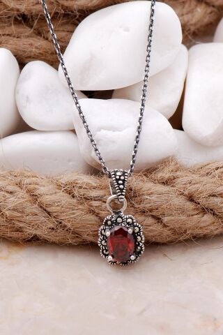 Granat ve Markazit Taşlı Mini Gümüş Kolye 7553