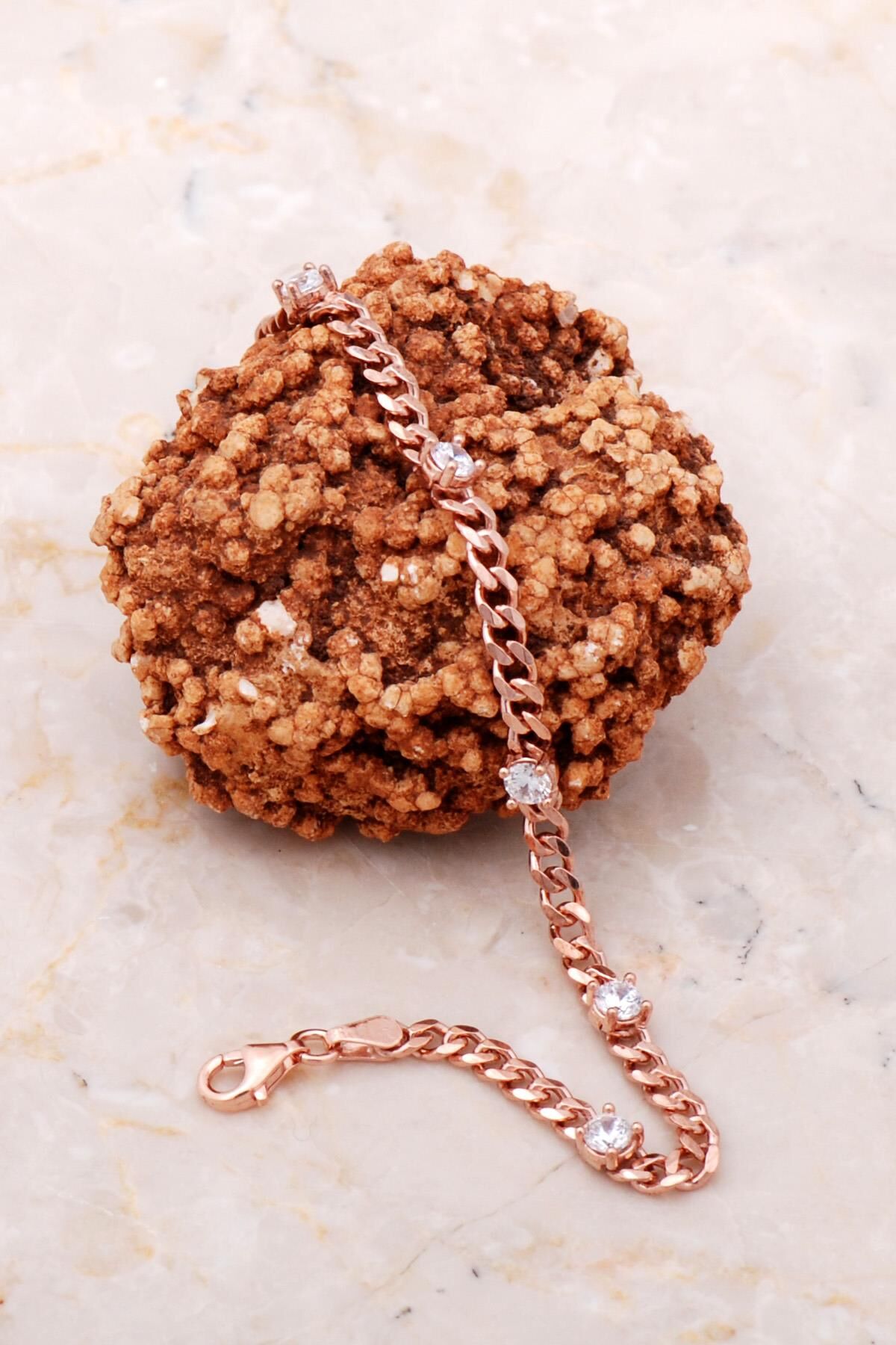 Gurmet Taşlı Rose Gümüş Zincir Bileklik 3588