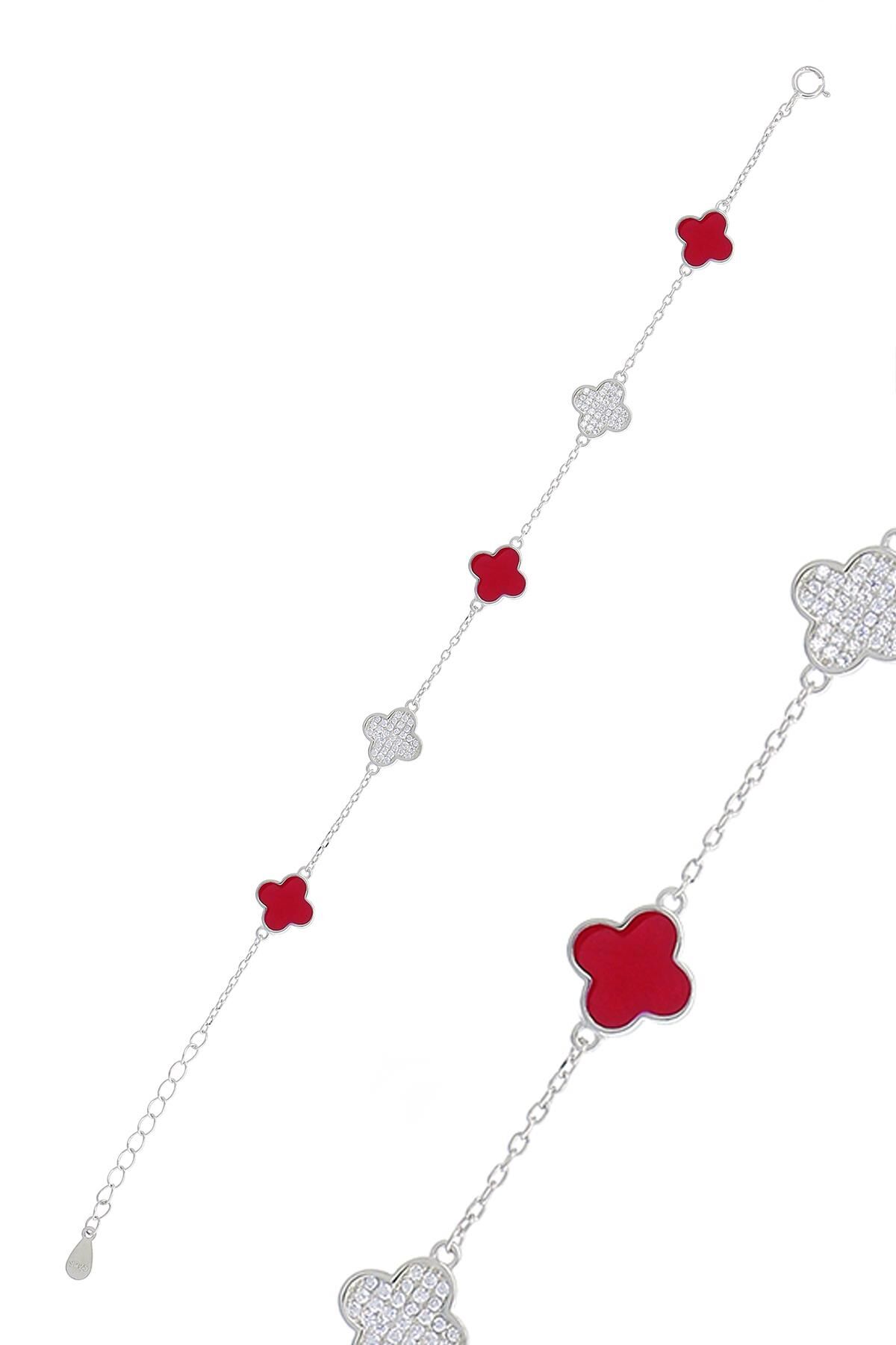 Yoncalı Kırmızı Mineli Taşlı Rodyumlu Gümüş Bileklik 3775