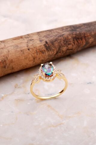 Mistik Topaz Taşlı Yaprak Altın Yaldızlı Gümüş Yüzük 3710