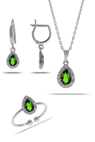 Yeşim Taşlı Damla Mini Rodyumlu Gümüş Set 2307