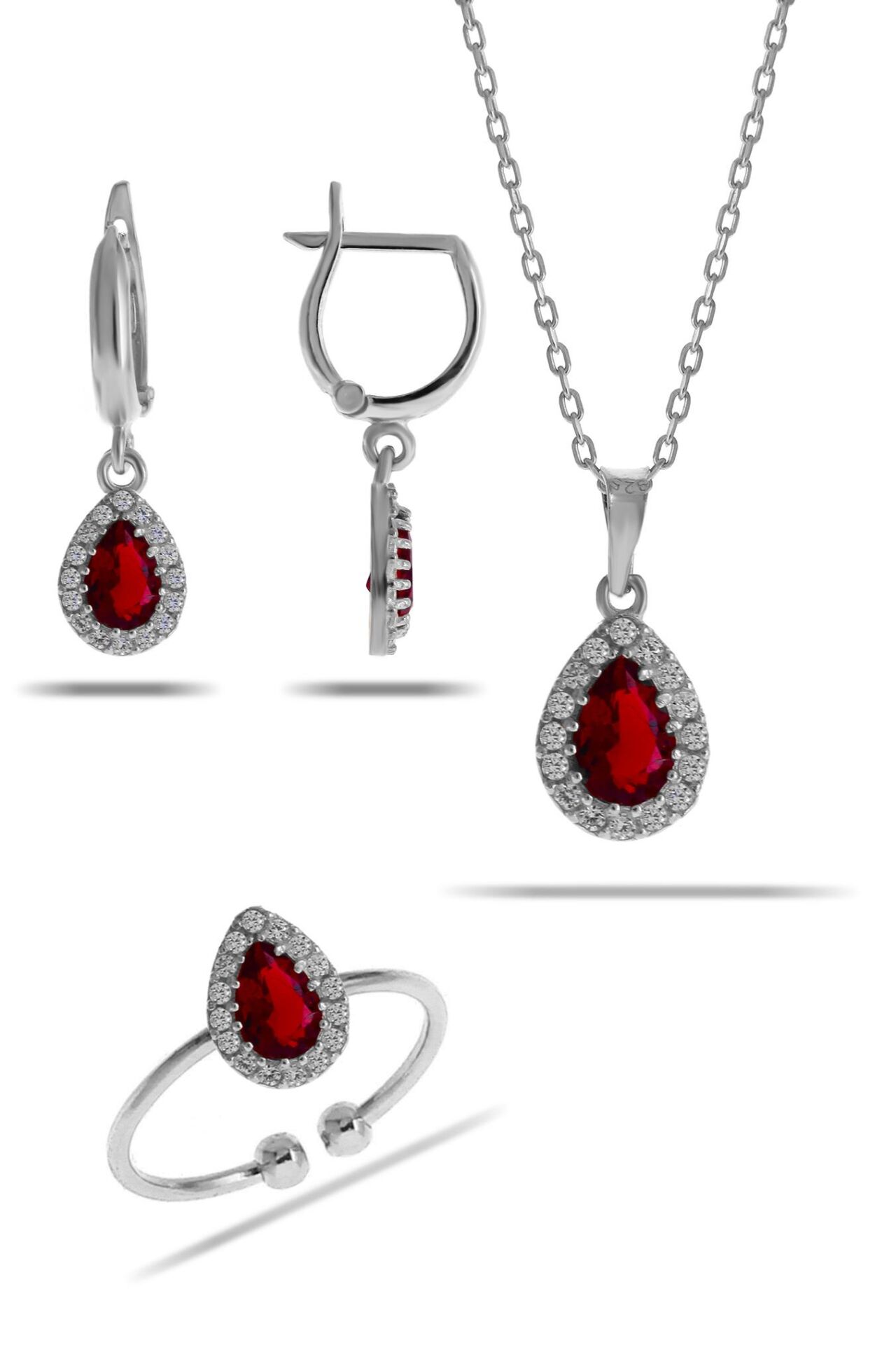 Lal Taşlı Damla Mini Rodyumlu Gümüş Set 2308