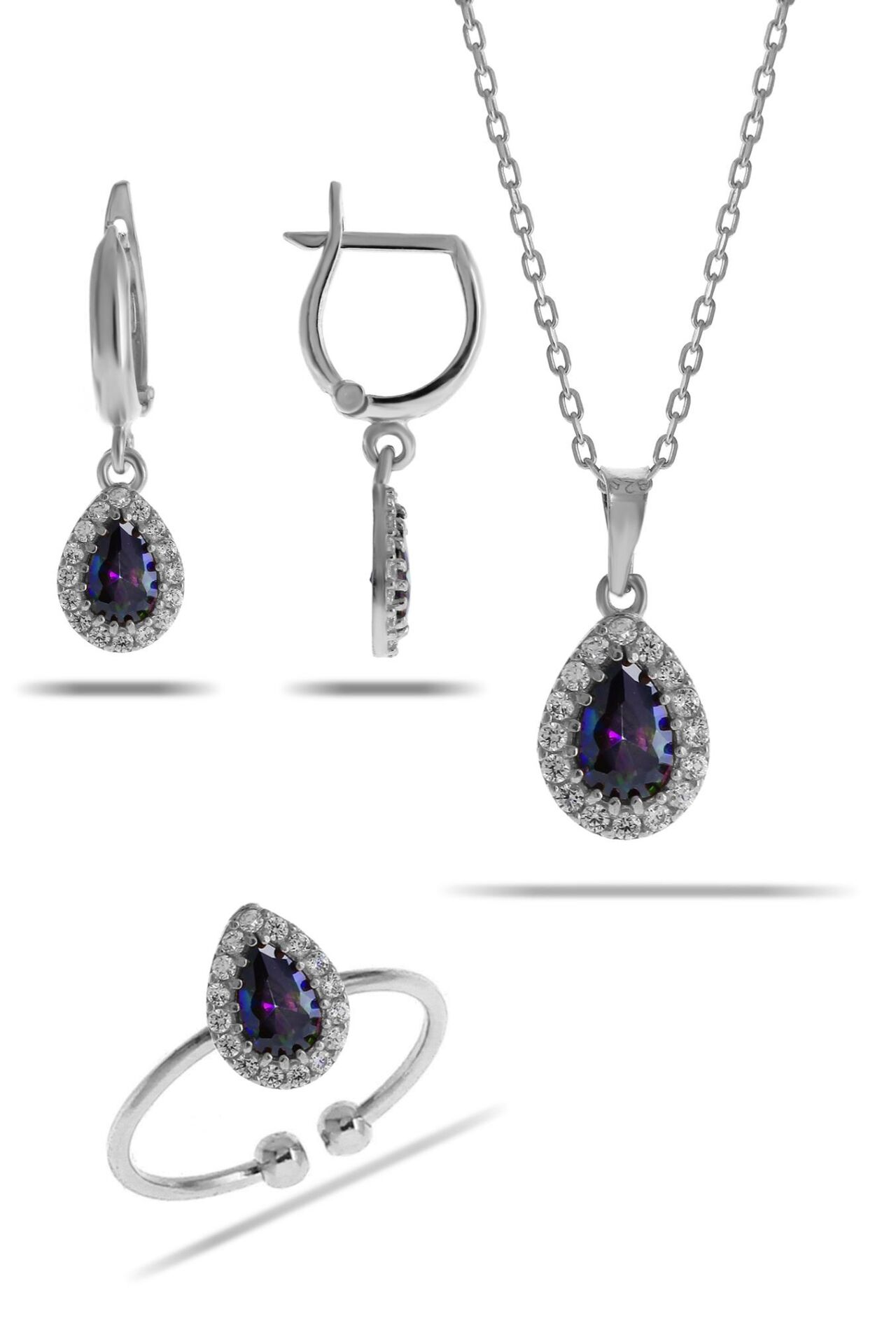 Mistik Topaz Taşlı Damla Mini Rodyumlu Gümüş Set 2310