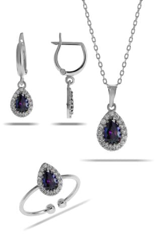 Mistik Topaz Taşlı Damla Mini Rodyumlu Gümüş Set 2310