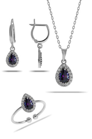 Mistik Topaz Taşlı Damla Mini Rodyumlu Gümüş Set 2310