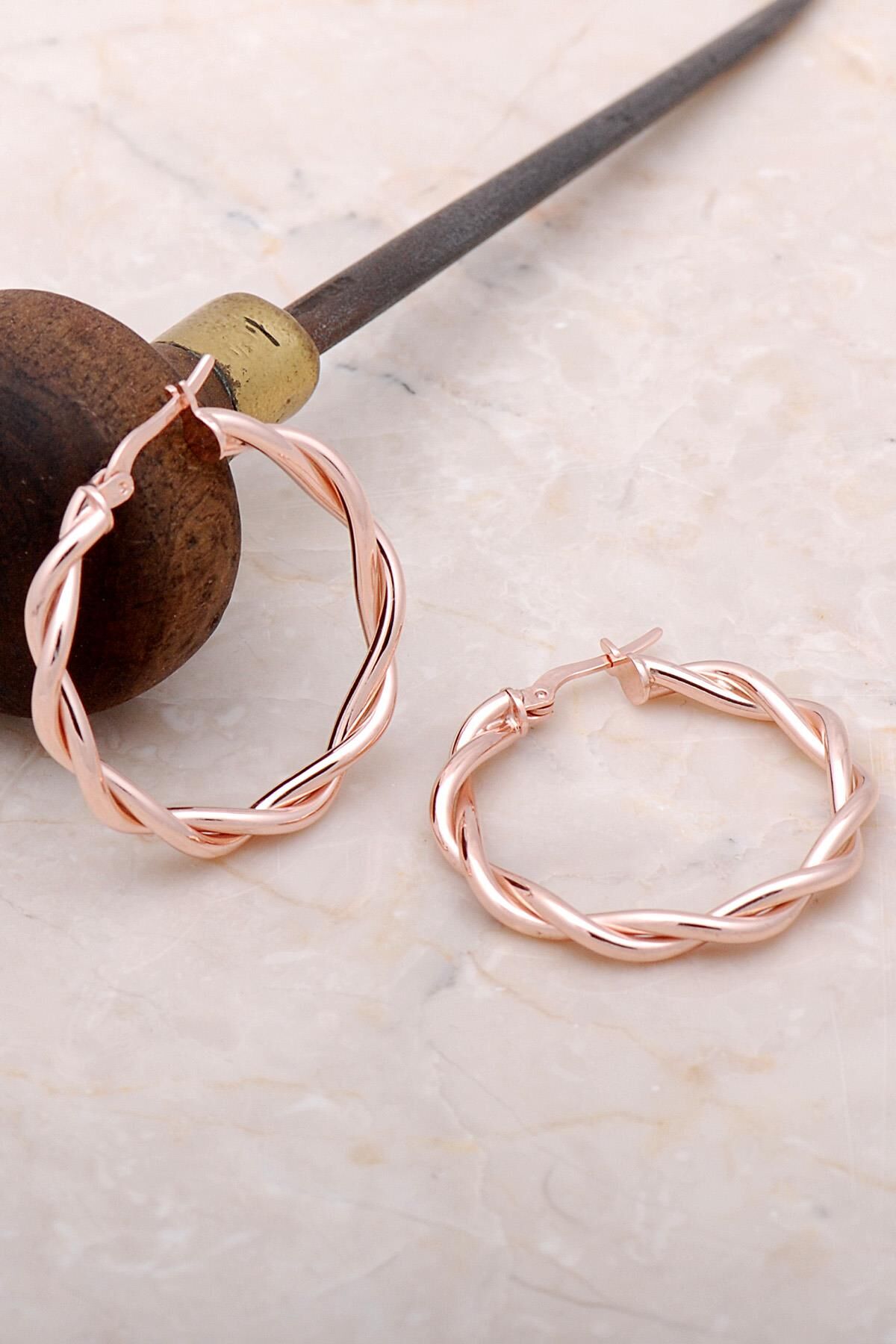 Rose Gümüş Sarma 33 mm Halka Küpe 4979