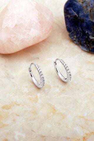 13 Mm Taşlı Mini Rodyumlu Gümüş Halka Küpe 7109