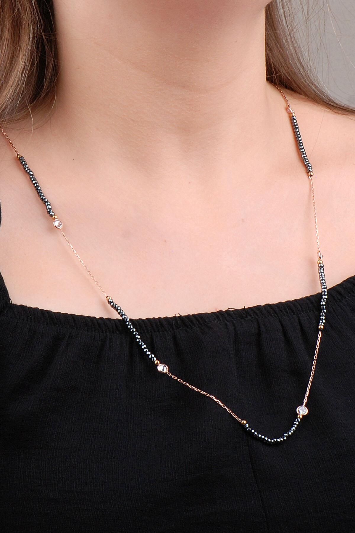 Hematit Taşlı Rose Gümüş Dizgi Kolye 6642