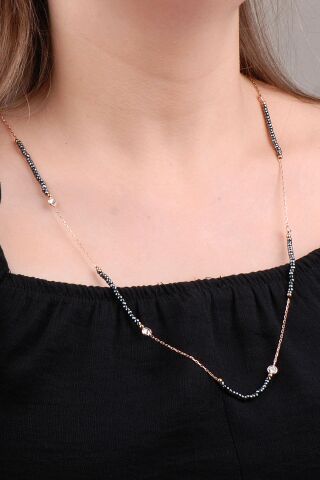 Hematit Taşlı Rose Gümüş Dizgi Kolye 6642