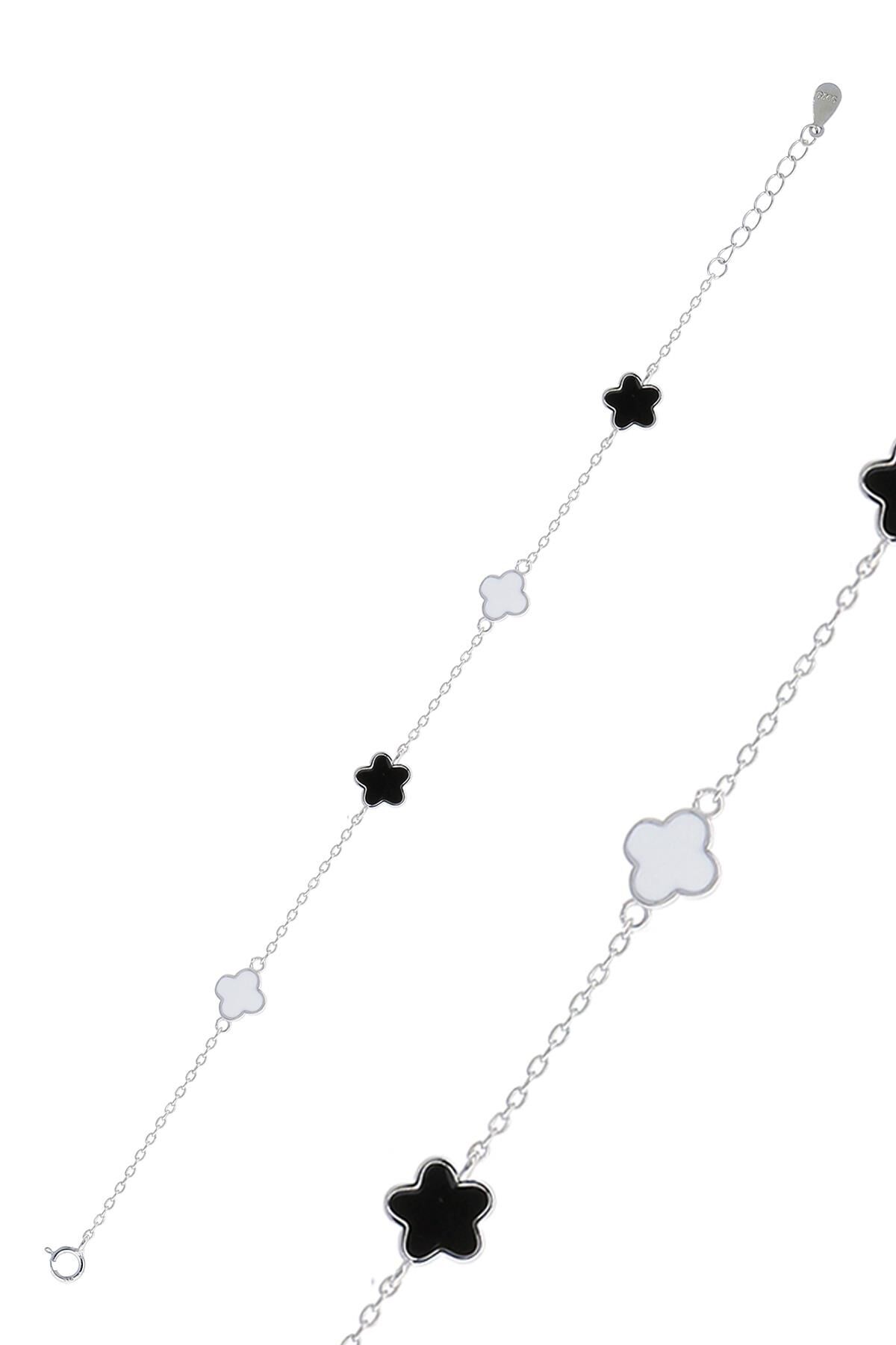 Yoncalı Siyah Beyaz Mineli Rodyumlu Gümüş Bileklik 3777