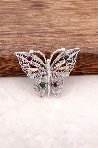 Kelebek Tasarımlı Laleli Telkari İşlemeli Gümüş Broş 274
