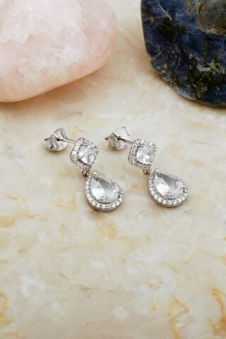 Zirkon Taşlı Damla Rodyumlu Gümüş Küpe 7110