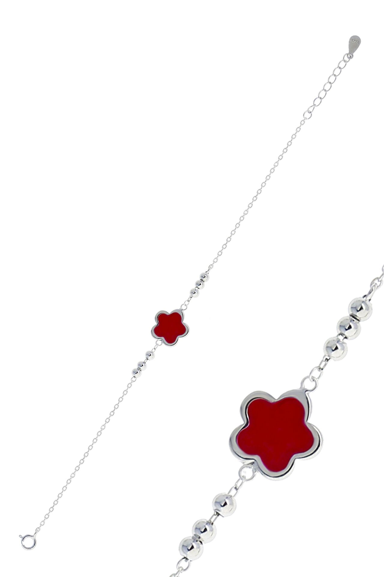 Yoncalı Kırmızı Mineli Rodyumlu Gümüş Bileklik 3778