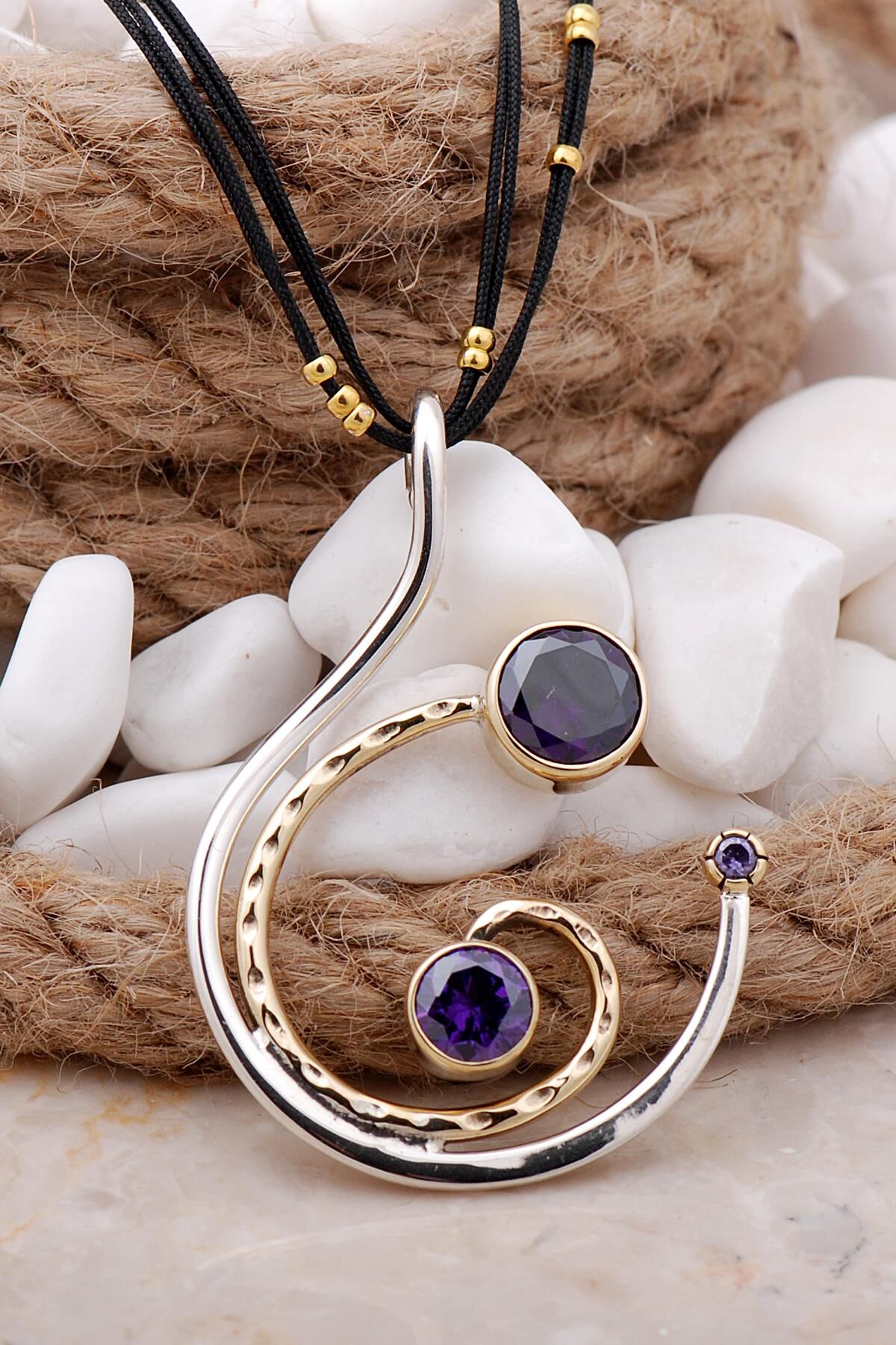 Ametist Taşlı Tasarım Gümüş Kolye 7561