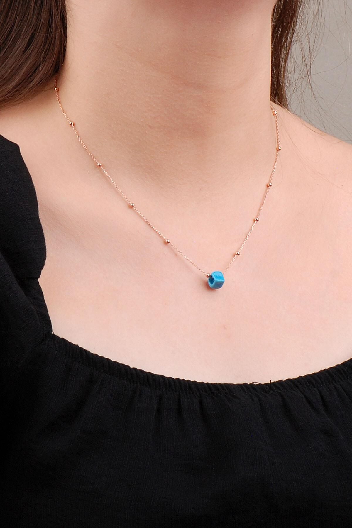 Turkuaz Sıra Toplu Rose Gümüş Kolye 6647