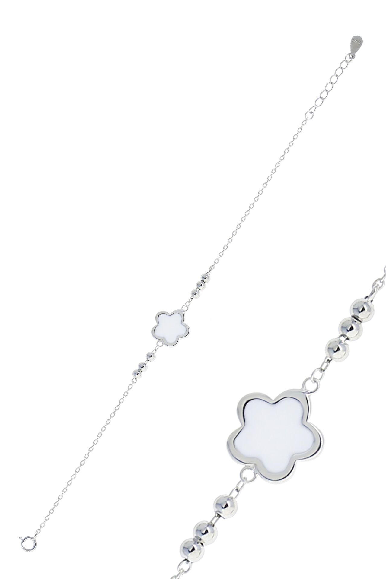 Yoncalı Beyaz Mineli Rodyumlu Gümüş Bileklik 3779