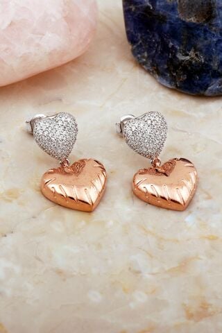 Çift Kalp Tasarım Rose Gümüş Küpe 7113