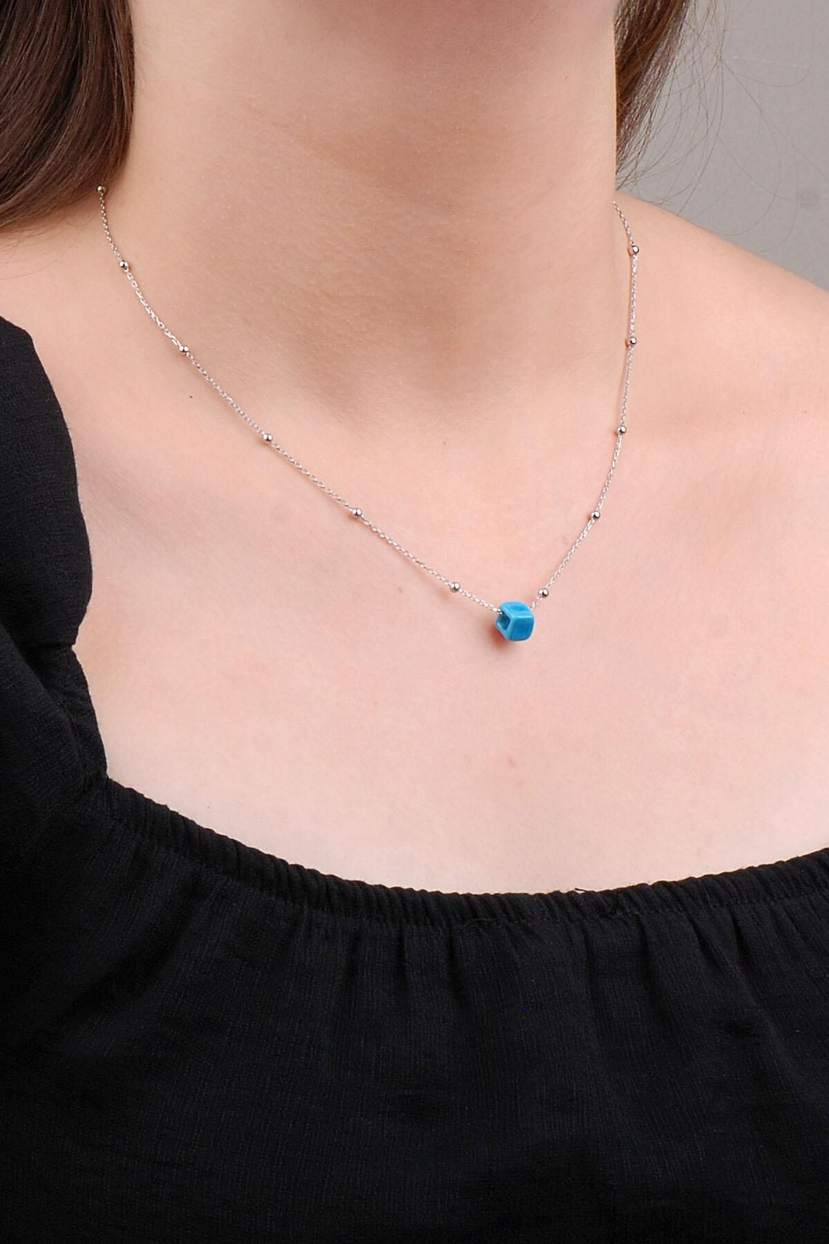 Turkuaz Sıra Toplu Gümüş Kolye 6648