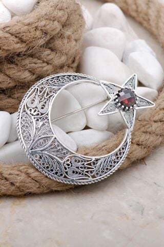 Ay Yıldız Lal Taşlı Telkari Elişi Gümüş Broş 332