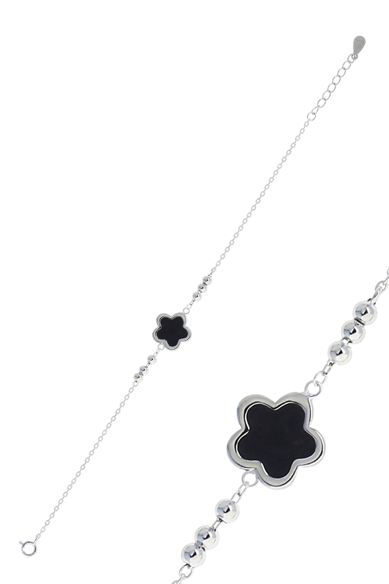 Yoncalı Siyah Mineli Rodyumlu Gümüş Bileklik 3780