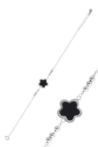 Yoncalı Siyah Mineli Rodyumlu Gümüş Bileklik 3780