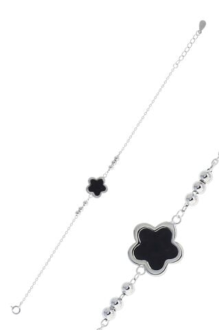 Yoncalı Siyah Mineli Rodyumlu Gümüş Bileklik 3780