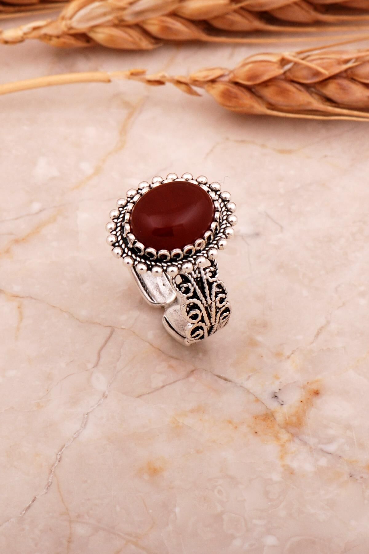 Akik Taşlı Telkari Elişi Oval Gümüş Yüzük 3752