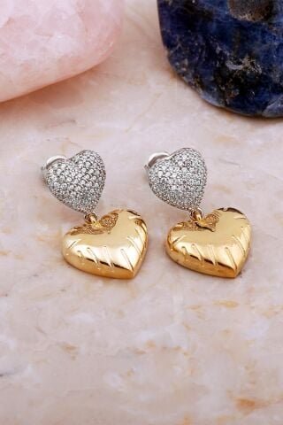 Çift Kalp Tasarım Altın Kaplama Gümüş Küpe 7114