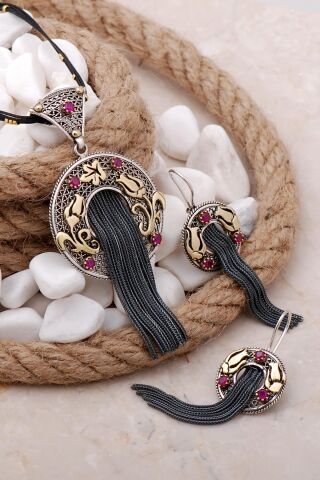 Laleli Telkari Elişi Püsküllü Gümüş Set 2475