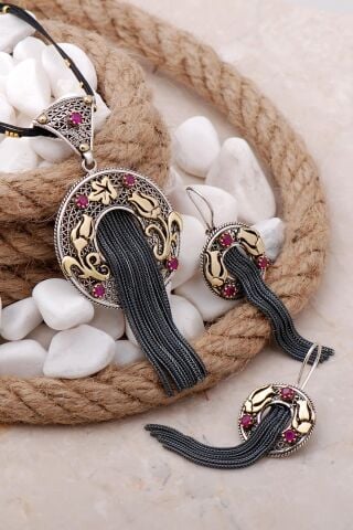 Laleli Telkari Elişi Püsküllü Gümüş Set 2475