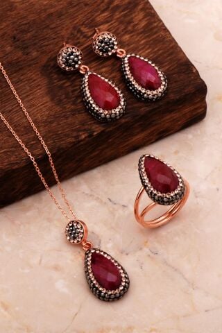 Rose Gümüş Kök Yakut Damla Set 2188