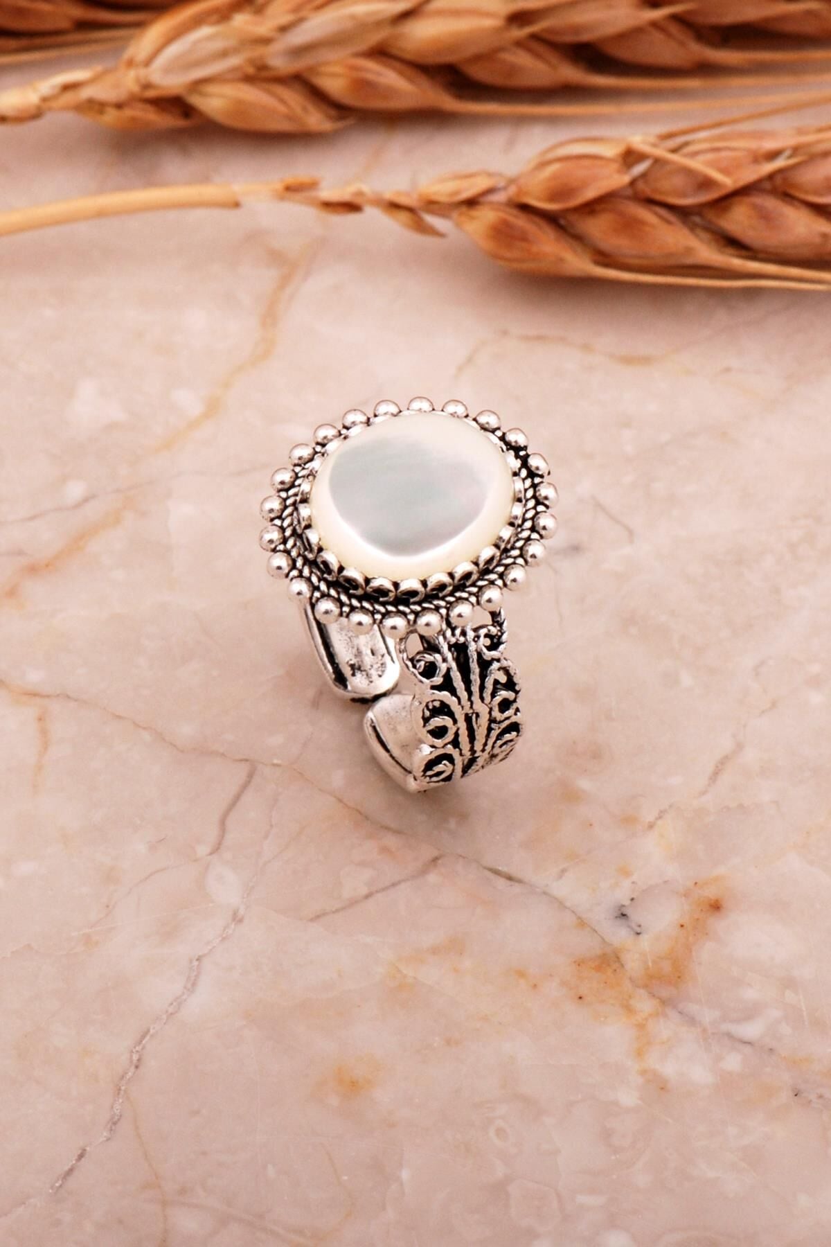 Sedef Taşlı Telkari Elişi Oval Gümüş Yüzük 3753