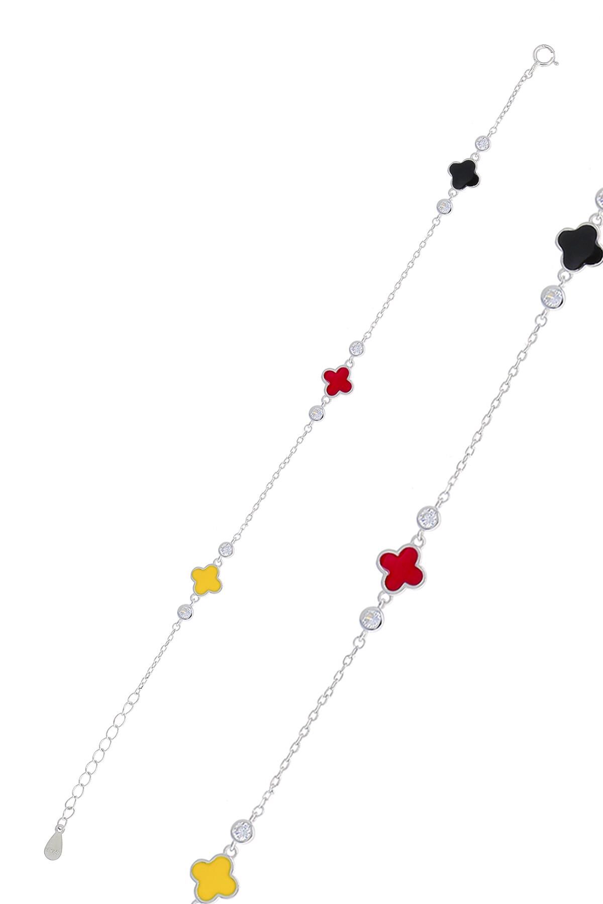 Yoncalı Renkli Mineli Rodyumlu Gümüş Bileklik 3781