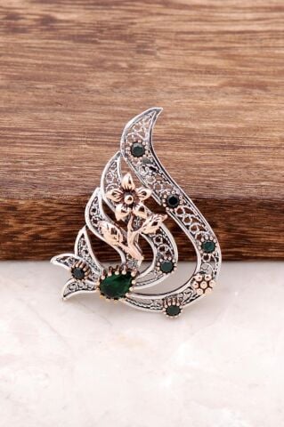 Kök Zümrüt Taşlı Karanfilli Telkari İşlemeli Gümüş Broş 281