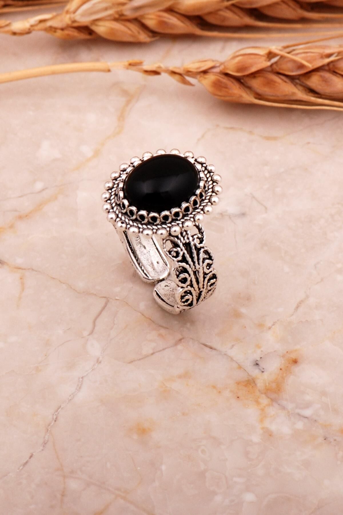 Oniks Taşlı Telkari Elişi Oval Gümüş Yüzük 3754