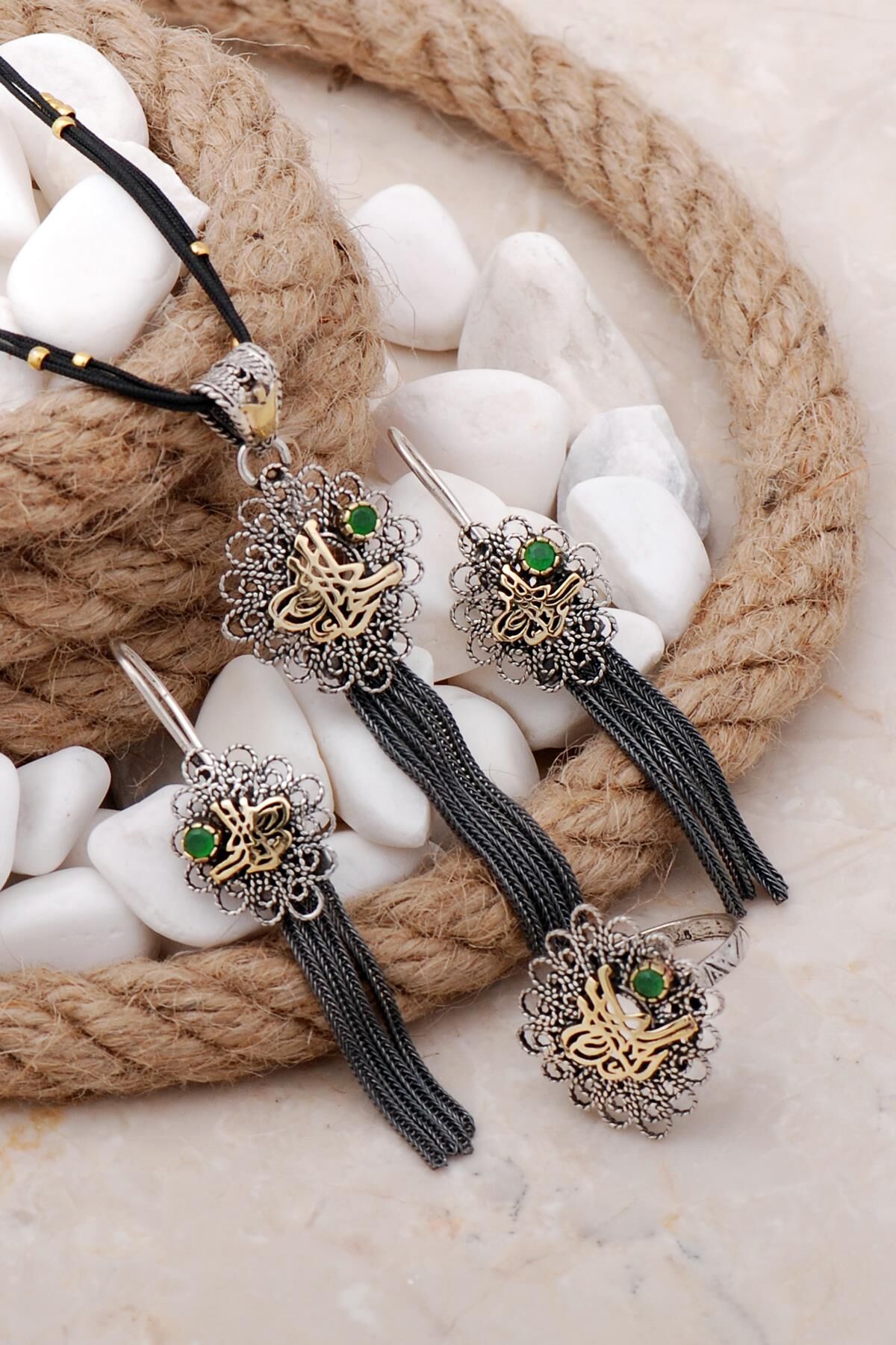 Osmanlı Tuğralı Telkari Elişi Püsküllü Gümüş Set 2477