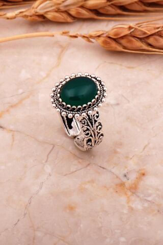 Yeşil Akik Taşlı Telkari Elişi Oval Gümüş Yüzük 3755