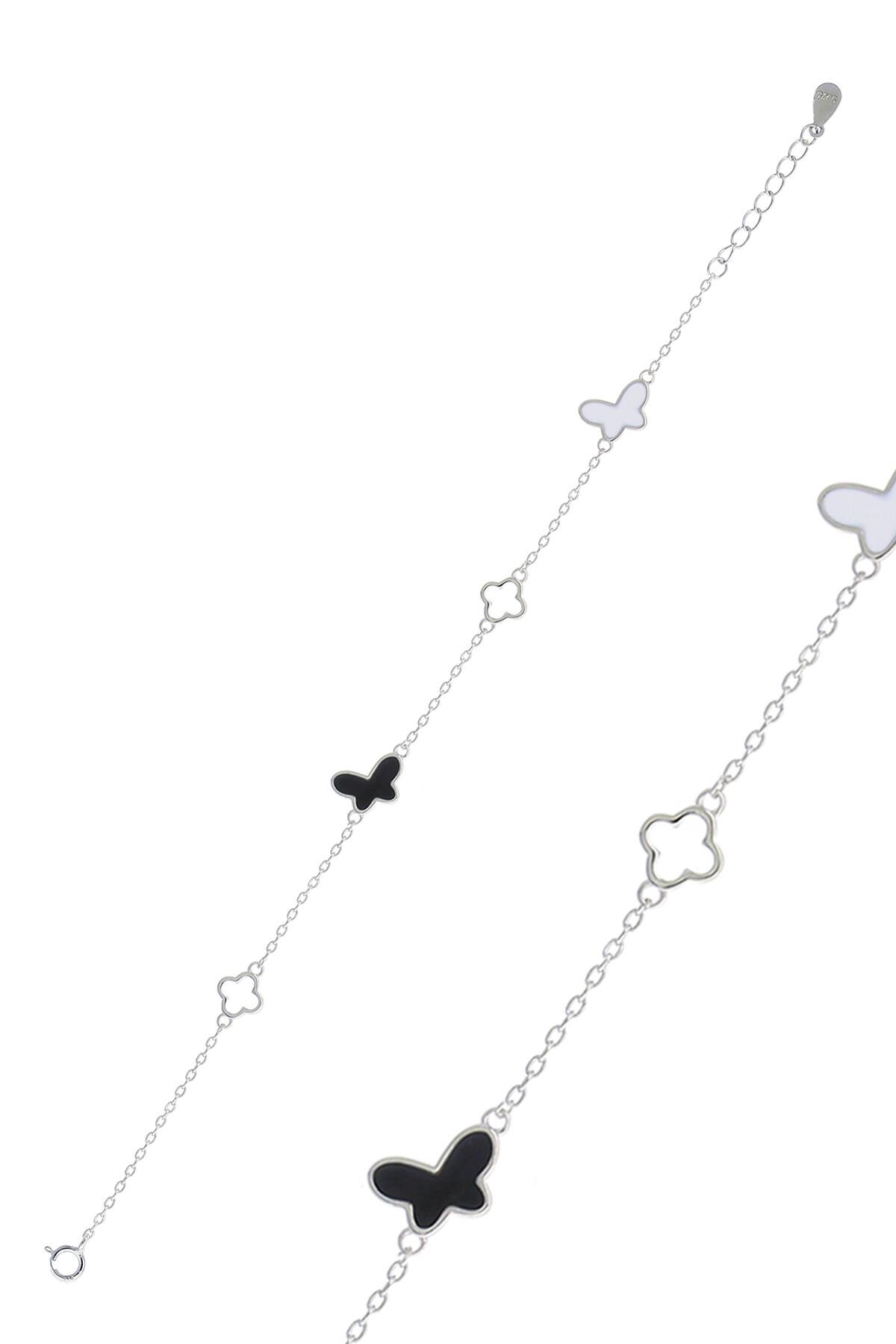 Yoncalı Kelebekli Mineli Rodyumlu Gümüş Bileklik 3782