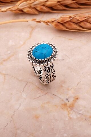 Firuze Taşlı Telkari Elişi Oval Gümüş Yüzük 3756